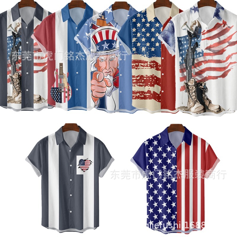 Cross-border foreign trade summer new American flag men's casual shirt plus size 3D digital printing cardigan shirt