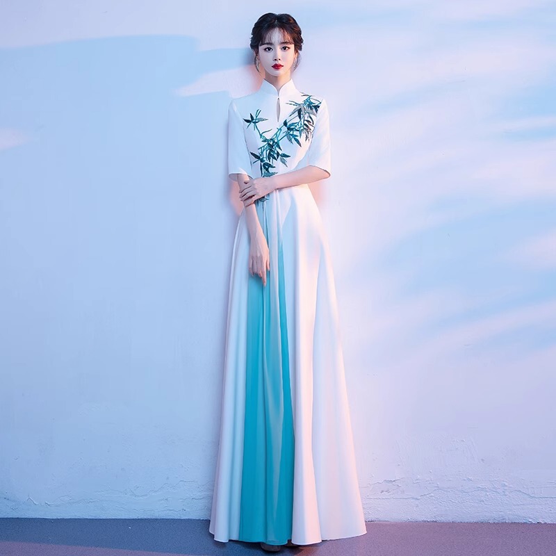 Chinese-Style Improved Cheongsam Dress for Choir Competition Performance, Long Chinese-Style New Stage Poetry Recitation Elegant Gown Chinese-Style Improved Cheongsam Dress for Choir Competition Performance, Long Chinese-Style New Stage Poetry Recitation Elegant Gown