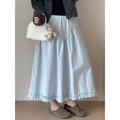浅蓝色半身裙女大码2025春夏胖mm梨型身材遮胯a字长裙显瘦花边裙