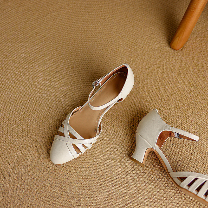Sandal nữ quai hậu mũi nhọn retro da bò gót 5 cm kiểu La Mã — Màu trắng nhạt chi tiết 21
