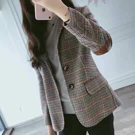毛呢格子小西装外套女2026春秋新款短款韩版大码复古女士西服上衣