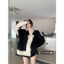 慵懒风设计感撞色毛衣开衫女2025新款外套春季小个子松弛感针织衫