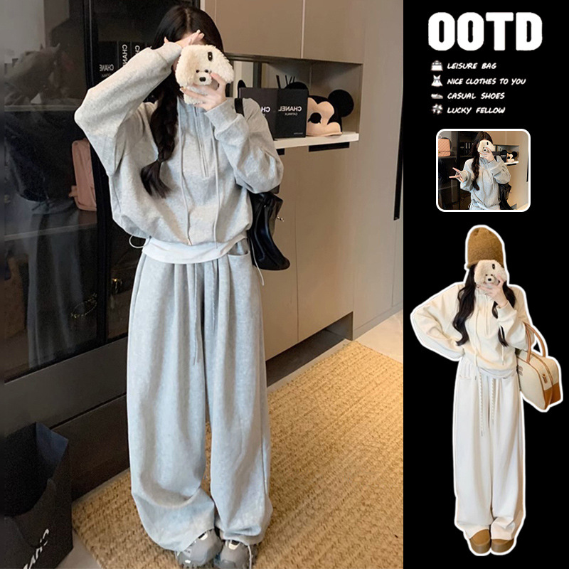 Lazy Style Casual Suit for Women, New Autumn Style, High-Waisted Slimming Wide-Leg Pants, Relaxed Fit, Two-Piece Sweatshirt Set