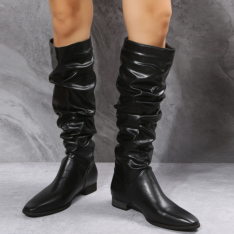 Herbst neue große Größe spitze Zehen Blockabsatz einfache Damen Casual Ritterstiefel_voghion.com