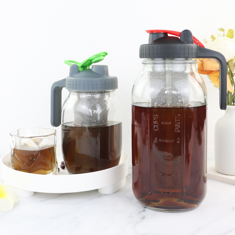 Al por mayor transfronterizo 64oz botella de bebida de taza de agua botella de jugo de frutas boca ancha botella de Mason con tapa de mango 32oz botella de bebida