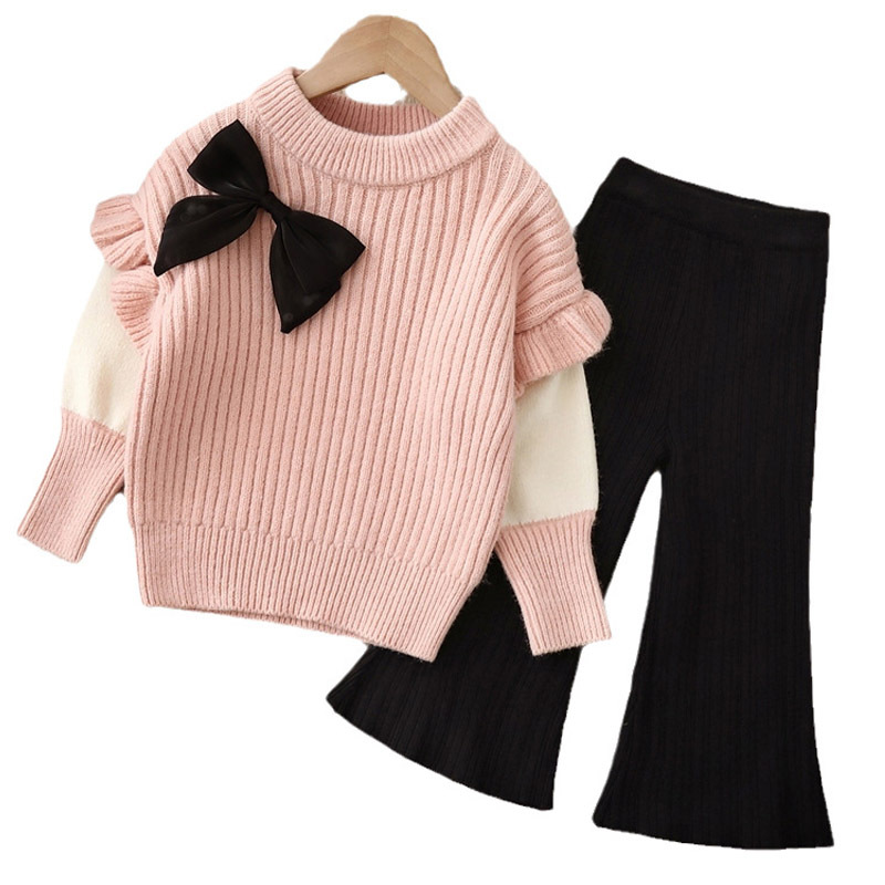 Tüdrukute kampsun 2024. aasta kevadine uus naiste aarete kootud alumise osaga särk laiade säärega püksid kaheosaline komplekt Korea laste rõivad_voghion.com