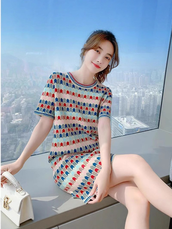哥家商场同款女装2025夏季小个子气质法式初恋针织印花连衣裙|undefined