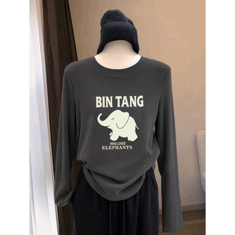 2024 New Shoulder Cotton Heavy-weight Long-sleeved T-shirt Women's Fashionable All-match Top Thick Base Shirt for Autumn and Winter