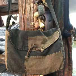 2024新款单肩斜挎女包 做旧炒色拼接复古风盘扣休闲包翻盖大包潮