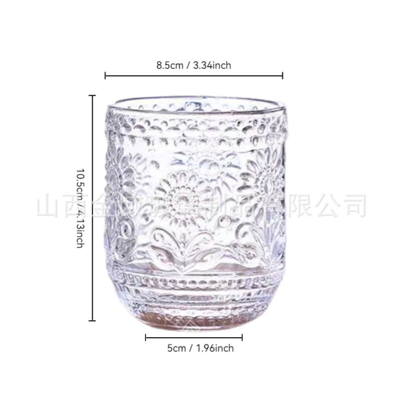 Taza de agua de vidrio con patrón de color de flor de sol en relieve retro al por mayor, taza de jugo de leche para el hogar de girasol, taza de bebida fría