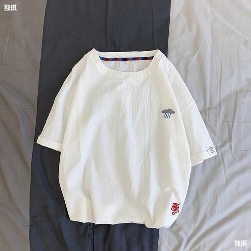 Half-sleeve men's linen T-shirt, cotton-linen short-sleeve, Chinese-style linen material top, loose fit, large size, men's fashion T-shirt