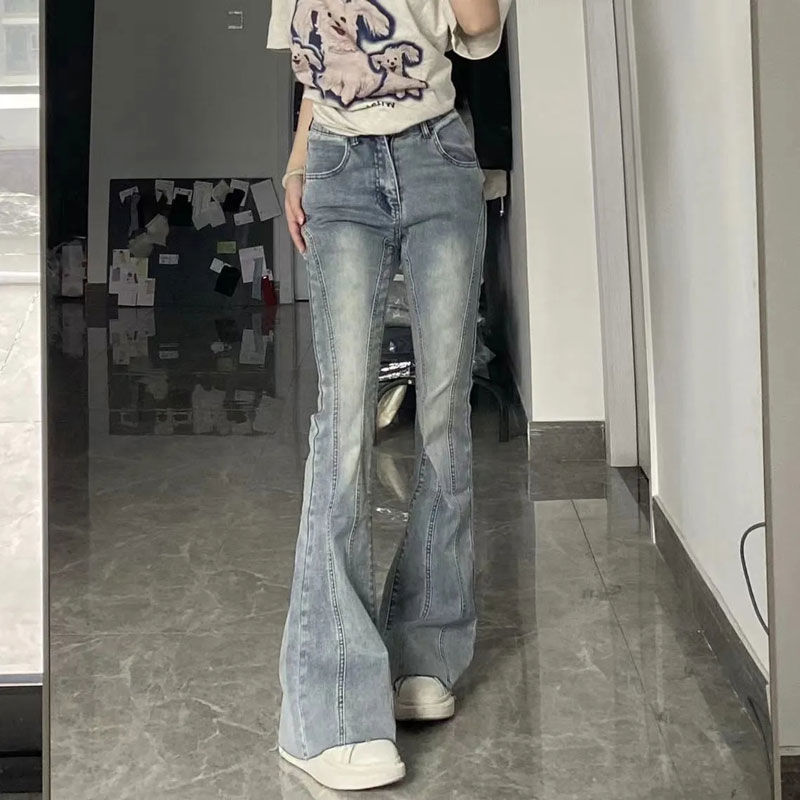 Women's Flared Jeans with Stretch, New Light Blue Vintage Style, Double Button Splicing, Slim Fit, Raw Hem, Bell-Bottom, Floor-Length Pants