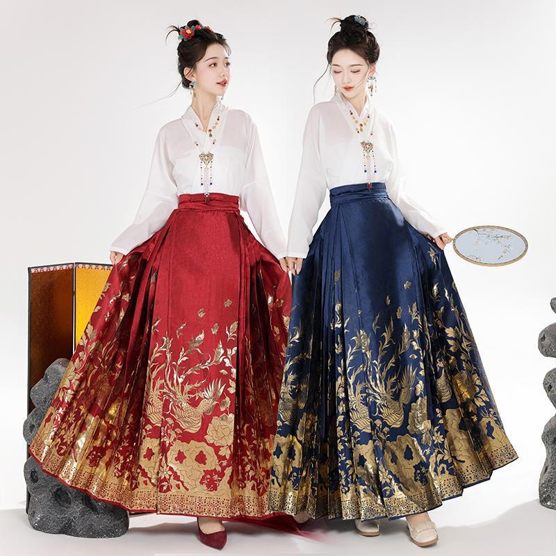 New Style Phoenix Feather Gold-Threaded Mamian Skirt Set for Daily Wear, New Chinese-Style Half-Skirt, Ming-Style Hanfu New Year Outfit, Spring and Autumn Style