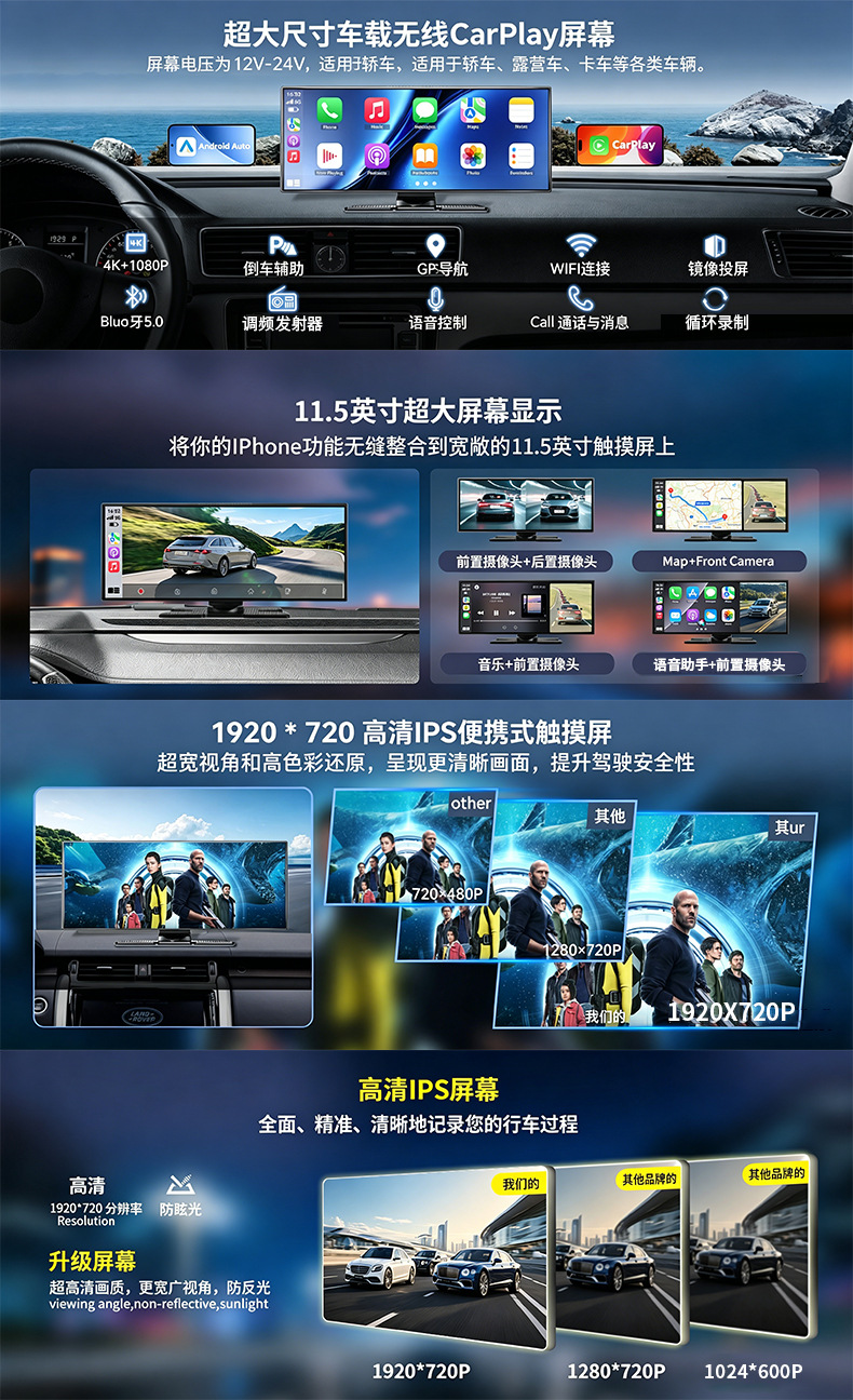 11.5-inch 4K ultra-high-definition front and rear recording car navigation system with voice control and carplay dashcam
