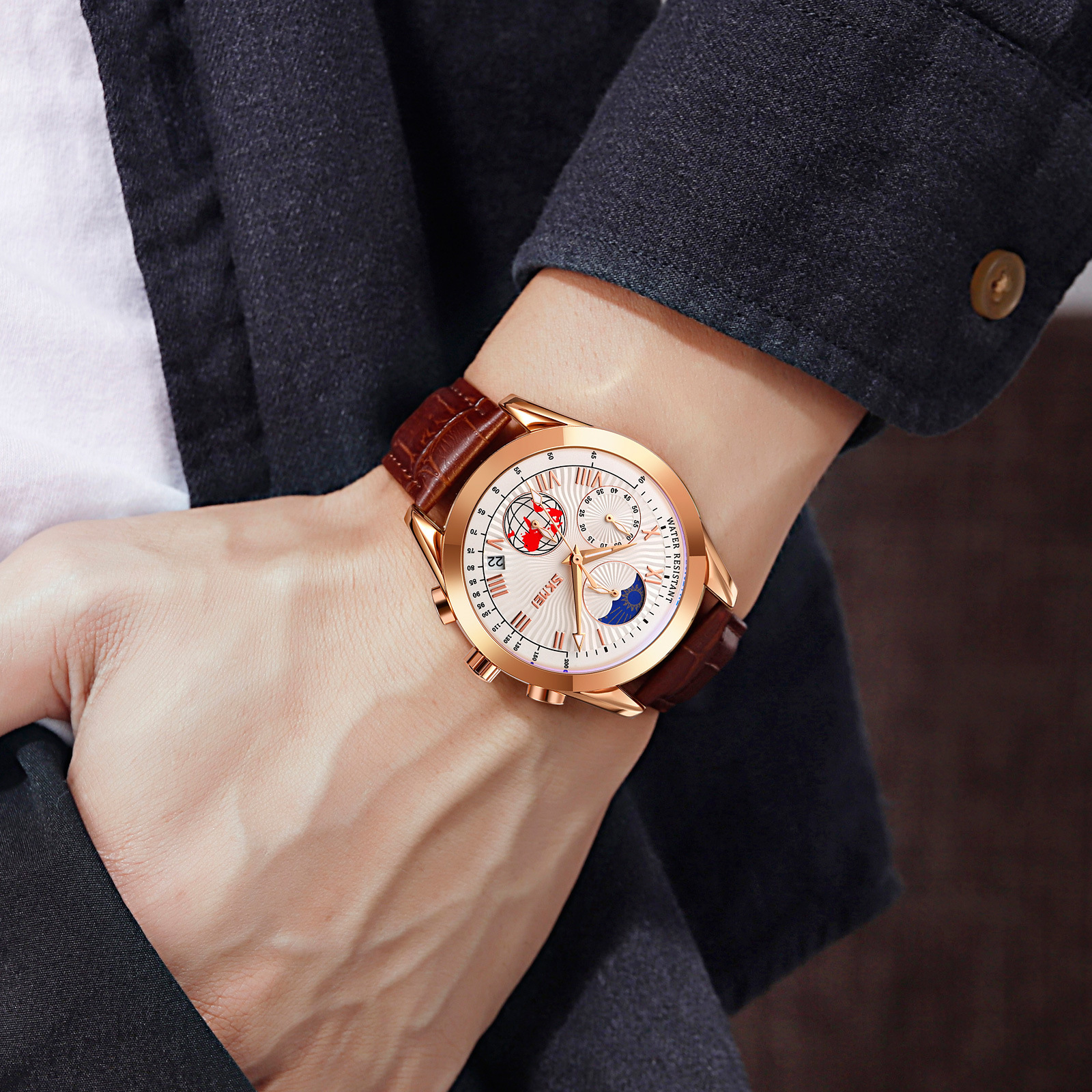 Momento de belleza hombre reloj de cuarzo de negocios fase lunar patrón de tierra multifuncional reloj impermeable transfronterizo venta caliente correa reloj de hombre