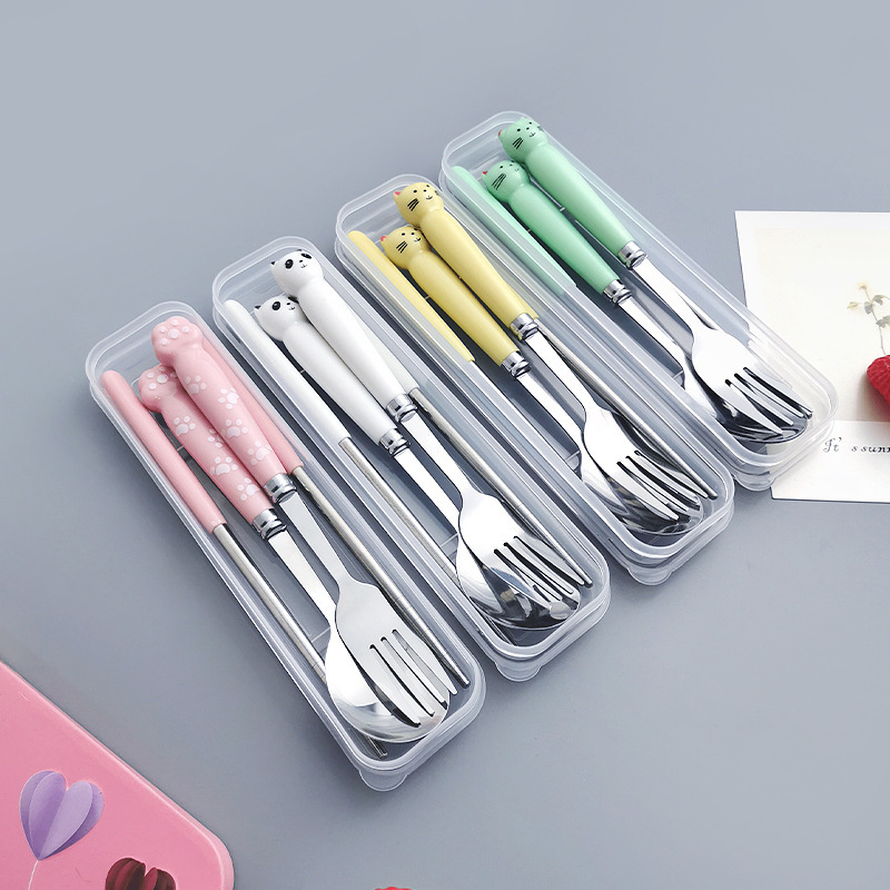 Creative 410 stainless steel portable tableware cartoon imitation ceramic handle stainless steel spoon and fork chopsticks three-piece student