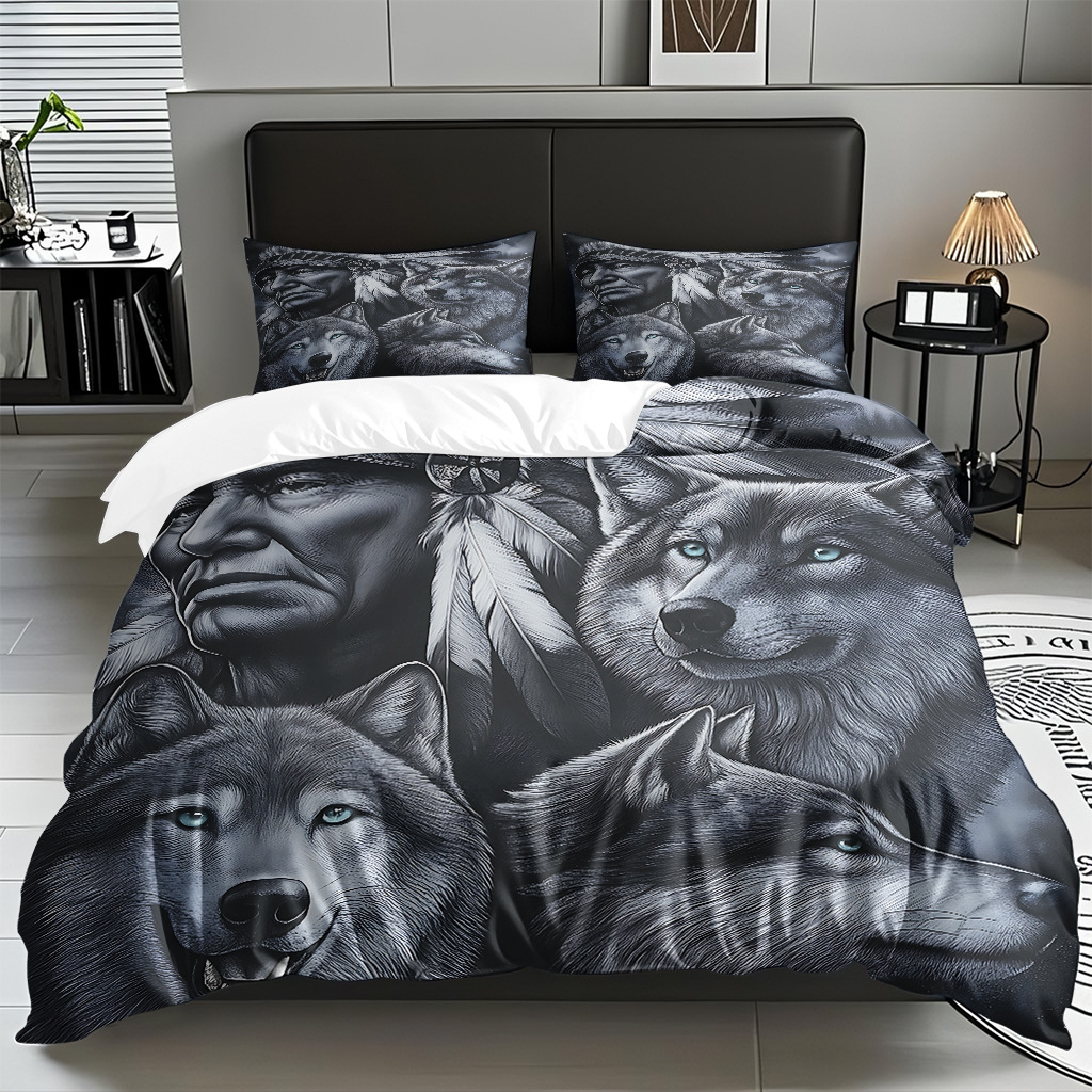 Impresión digital de patrón de lobo abrasivo conjunto de edredón suave transfronterizo pro-piel TEMU JIT venta directa de fábrica preferida