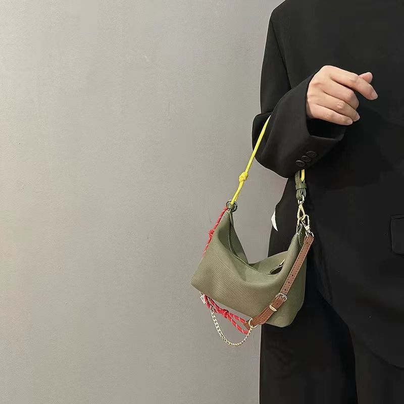 防水キャンバスレトロランチボックスバッグコントラストカラーサーフロープチェーンハンドバッグレザー脇の下バッグシングルショルダークロスボディバッグ|undefined