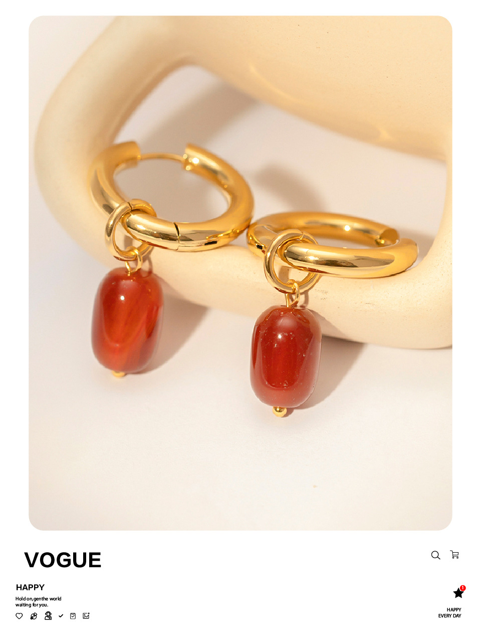 Retro Geometric Stainless Steel Gold Plated Agate Earrings 1 Pair