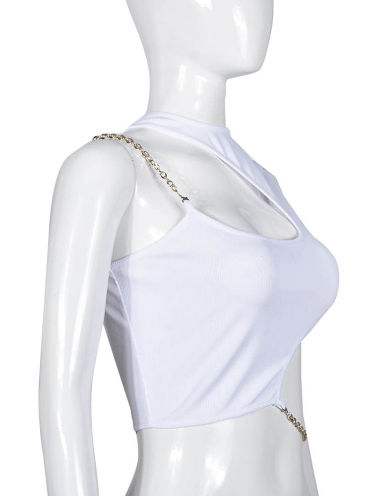 Europäisches und amerikanisches Damen-Crop-Top in reiner Farbe, sexy hohle Metallkette mit einer Schulter-11.jpg