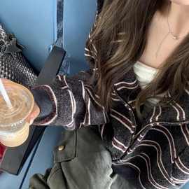 阿秋的店美式复古条纹设计感连帽外套开衫女秋季新款拉链卫衣