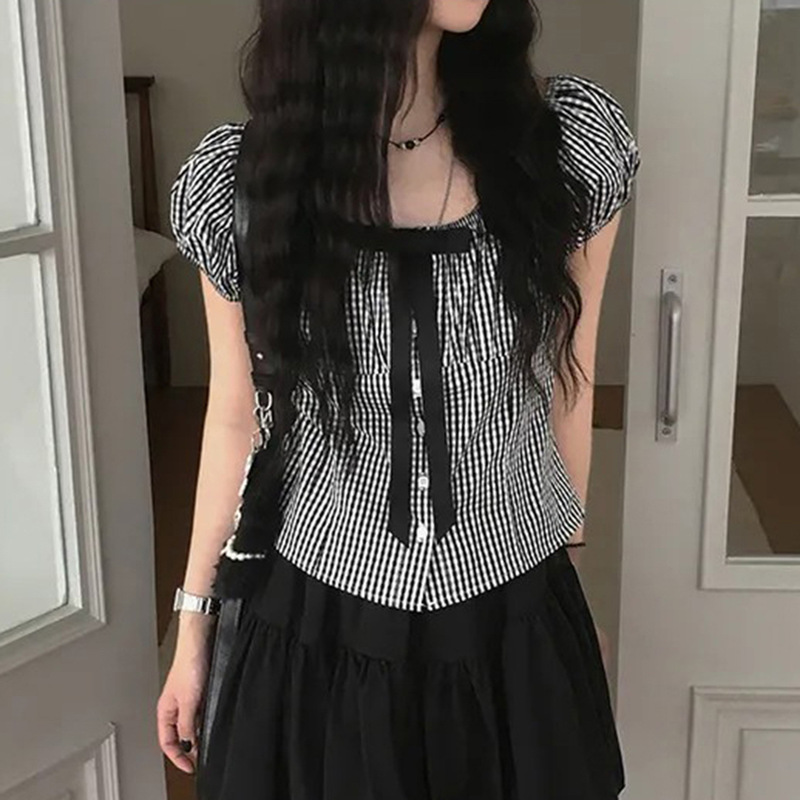 外贸韩系ins纯欲风甜美蝴蝶结撞色显瘦上衣气质少女泡泡袖减龄T恤|undefined