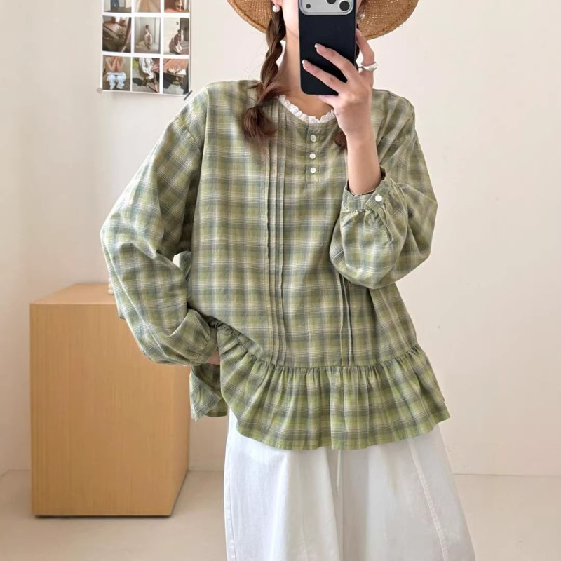 Forest-Style Artistic Lace-Trimmed Plaid Shirt 2026 Spring New Loose Babydoll Shirt Slimming Top 96832