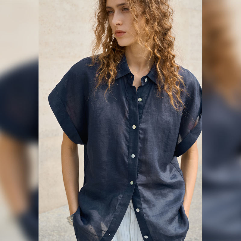[Limited Time Offer] 100% Ramie Shirt with Turn-Down Collar, Short Sleeve, Women's High-Thread-Count Lightweight and Breathable Top, Summer Commuter Shirt