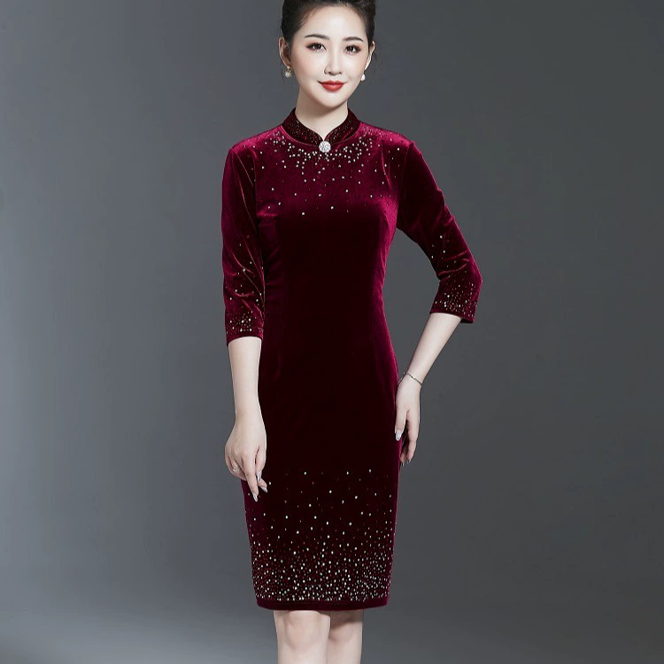 Новое платье матери элегантный золотой бархат Мать Свадьба Чонсам свадебное платье Чонсам Платье поколения