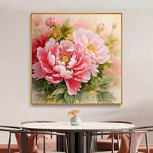 2025手绘油画富贵牡丹花餐厅装饰画玄关挂画新中式客厅花卉高端