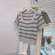 Plus Size Fat mm Stripesd Ice Silk Thin Knitwear Women's Summer Shirt Short-sleeved Right Shoulder Square Collar T-shirt Chic Top