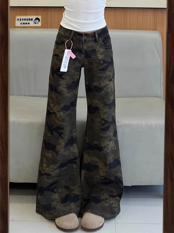 复古美式迷彩低腰微喇牛仔裤女2025夏季新款高街宽松显瘦拖地长裤|undefined