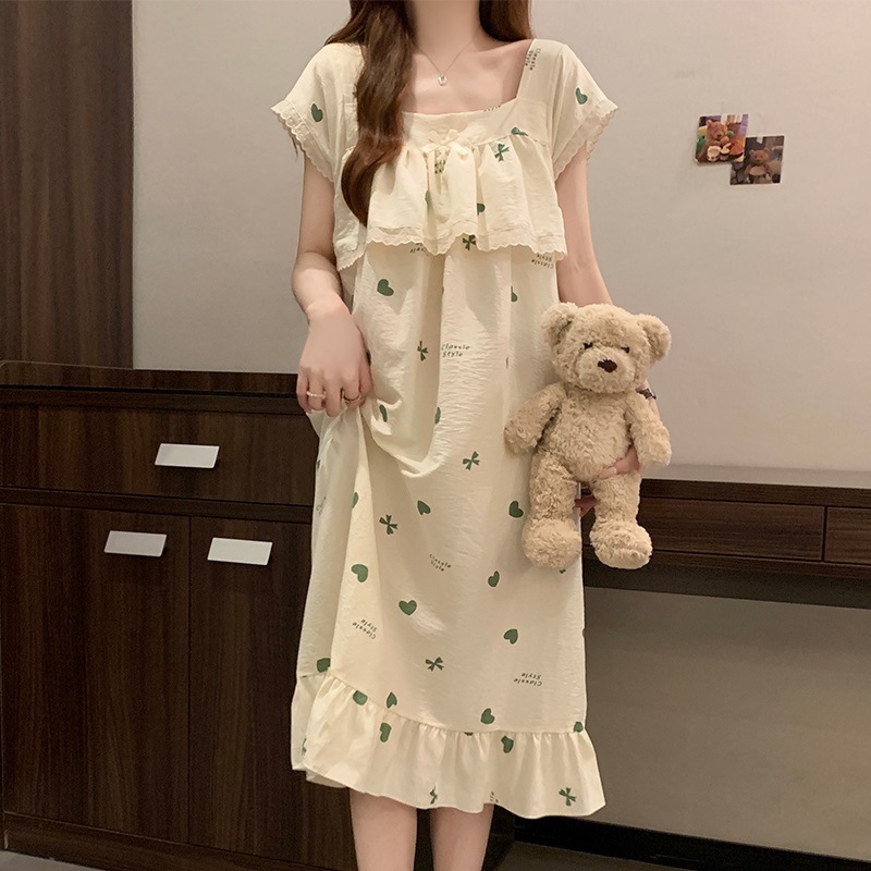 女性のためのナイトガウン夏半袖クラウドコットンラブスウィートガール 2025 新しい夏薄い女性のパジャマドレス|undefined