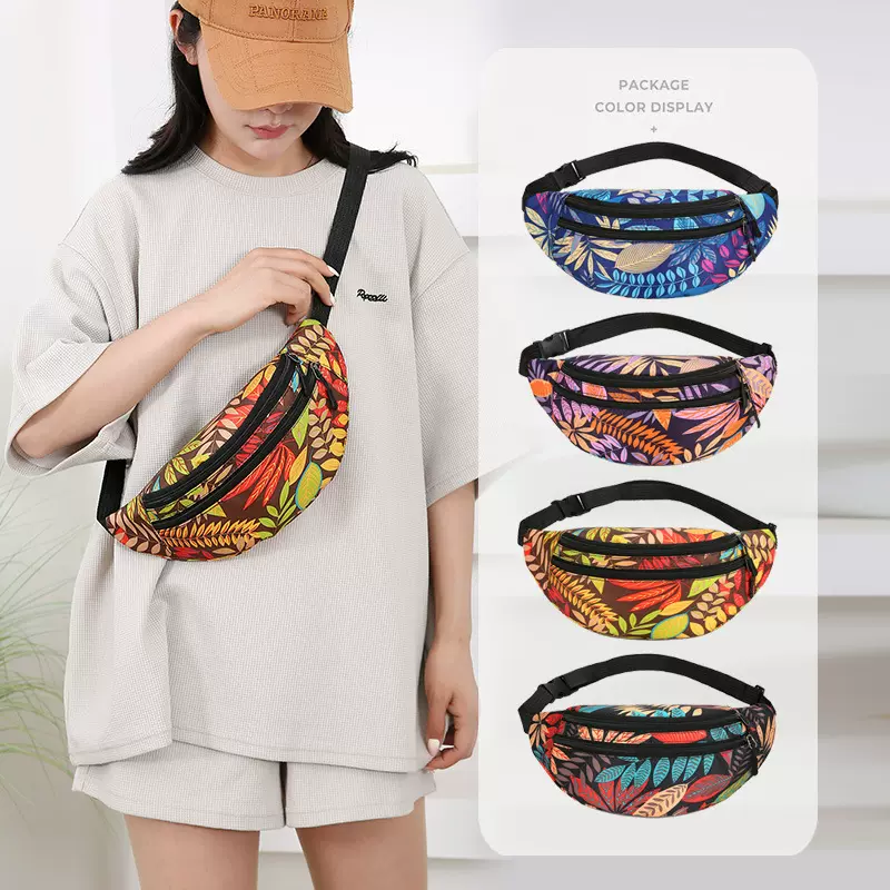 树叶印花胸包女摆地摊腰包女士单肩包男女同款简约时尚运动斜挎包