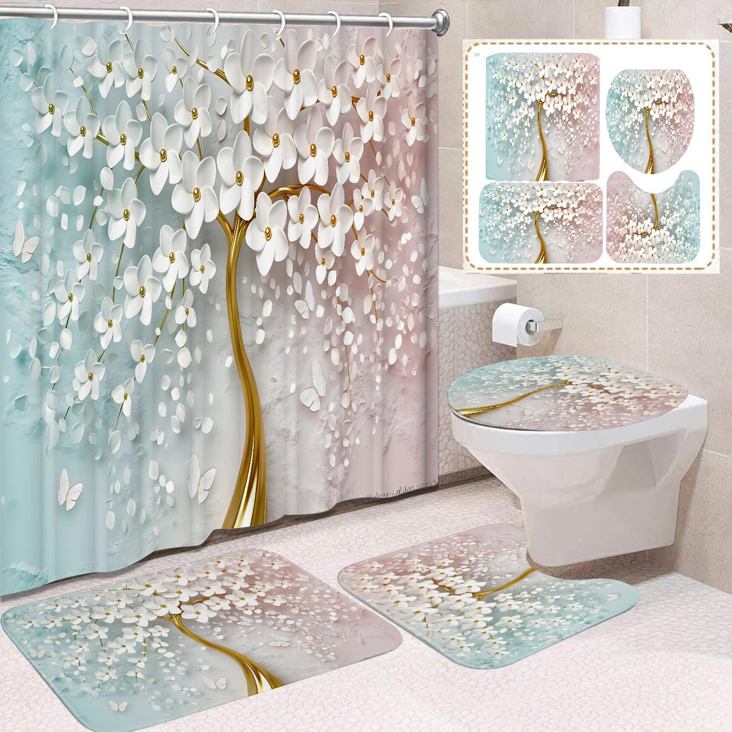 Flor blanca cortina de baño inodoro cortina de partición impermeable de baño cortina de lavado separación seca y húmeda cortina de puerta colgante sin agujeros