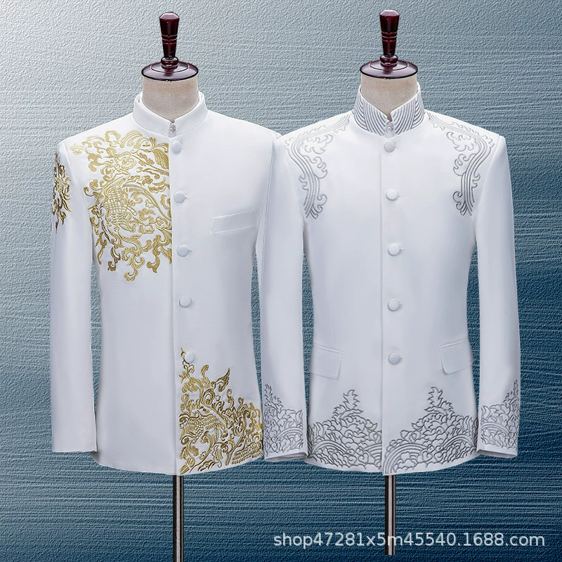 Белый костюм Мао Мужской Молодежный костюм для выступлений Вышитый костюм Костюм для хора Мужская певица Китайская Республика Одежда