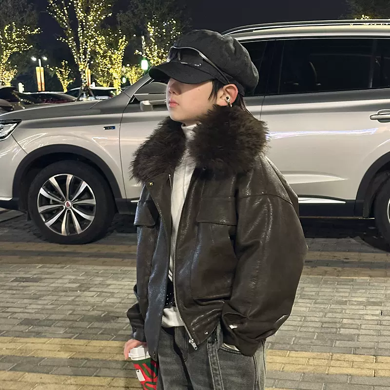 童装25年冬季皮衣毛领男童韩版夹克中大童兔毛内里加厚保暖年服潮