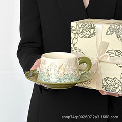レトロ陶磁器カップ中古風油絵グリーン風鈴花コーヒーカップセット午後ティーカップラテカップ