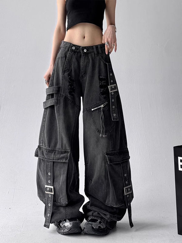 American Heavy-Duty Design Deconstructed Ribbon Ripped Black Jeans Women's Spring Multi-Pocket Wide-Leg Straight Cargo Pants