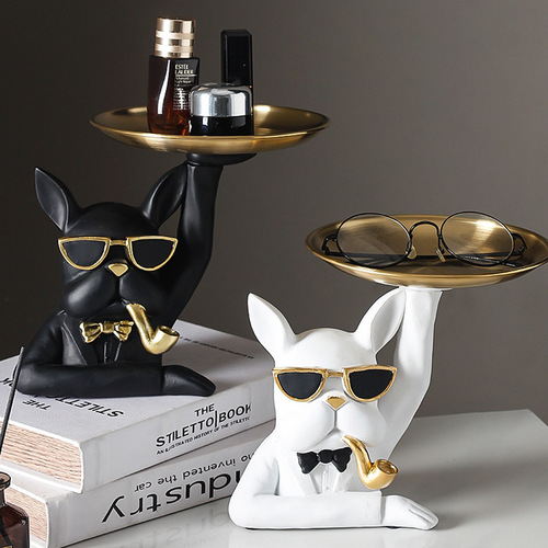 Nordic Style French Bulldog Double Trays Decorative Home Living Room Entrance Key Storage Resin Craft