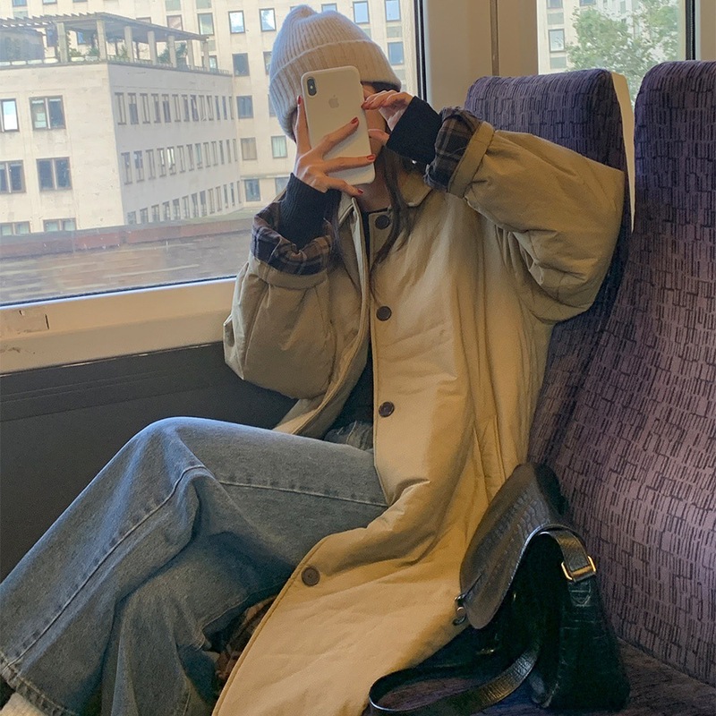 现货 感气质棉衣秋冬新款韩版宽松直筒中长过膝棉服大衣外套|undefined