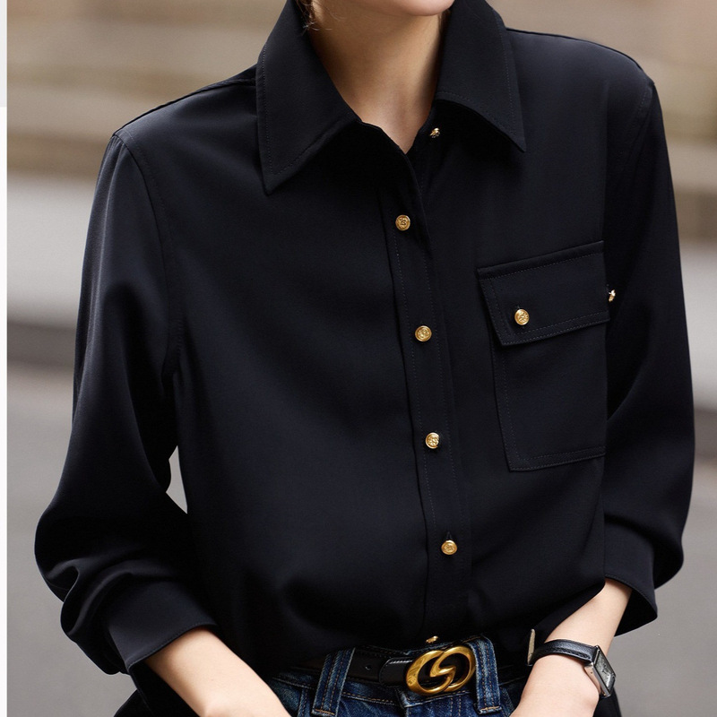 French-Style Black Long-Sleeved Shirt-Like Layered Base Top for Women in Spring French-Style Black Long-Sleeved Shirt-Like Layered Base Top for Women in Spring