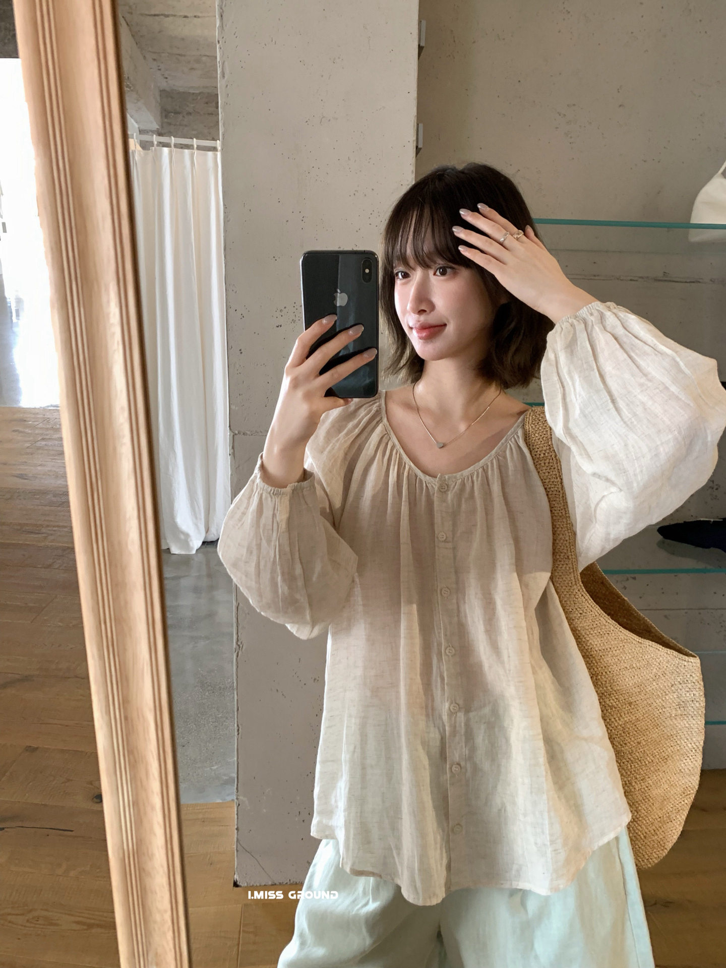 Áo sơ mi nữ tay lửng chất liệu ramie thoáng mát phong cách Pháp — trắng ngà, hồng nhạt, Bột cam, Vàng nhạtcolor chi tiết 7