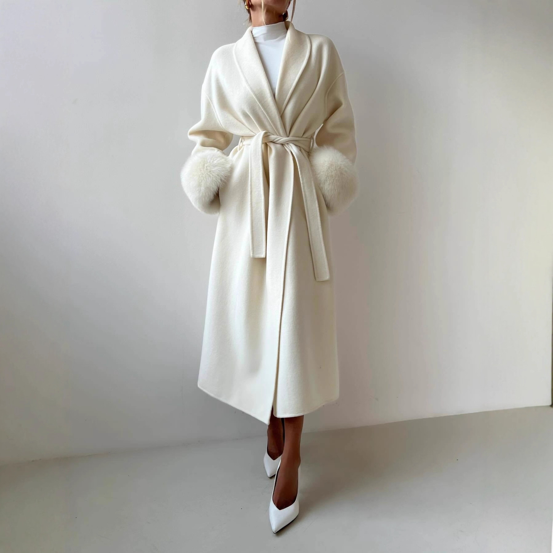 Lace-Up Long Woolen Outwear European and American Cross-Border 2025 Autum New Elegant Commuter Waist Jacket