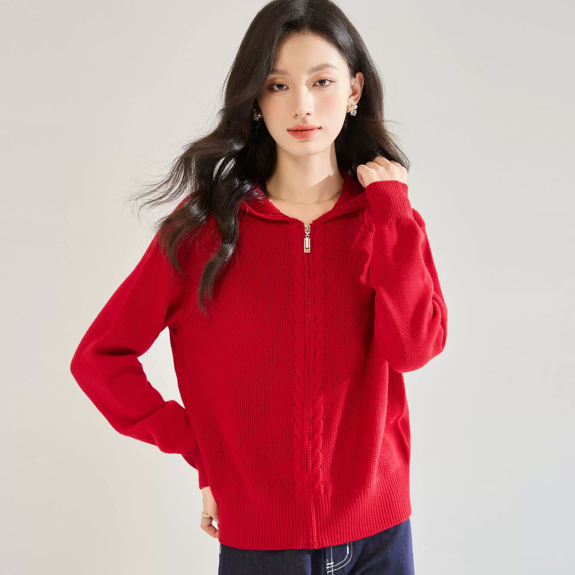 26春新绞花羊毛针织衫连帽宽松开衫毛衣外套上衣女22659