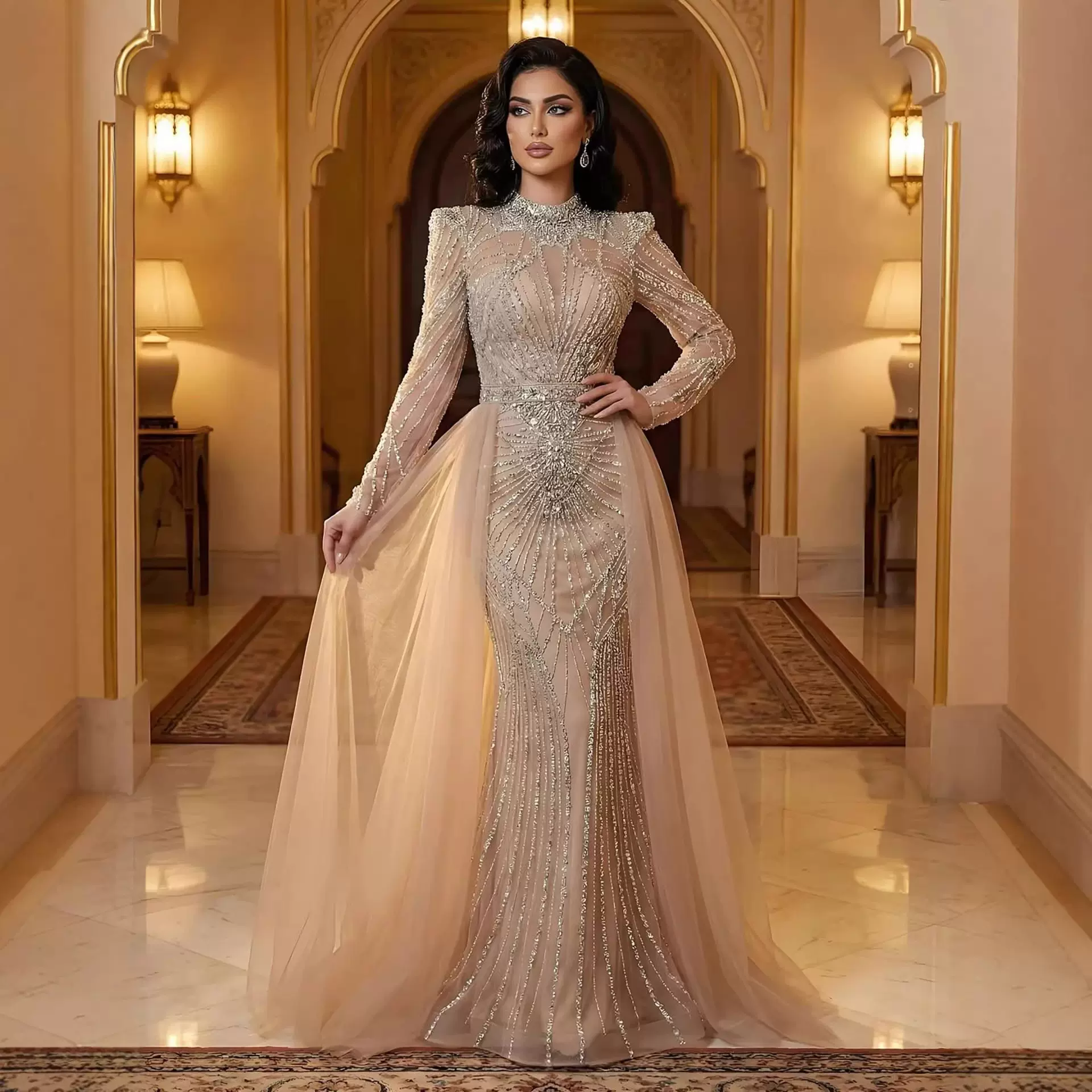 外贸高端裸色奢华钉珠名媛优雅气质年会主持人走秀晚礼服LA73203A