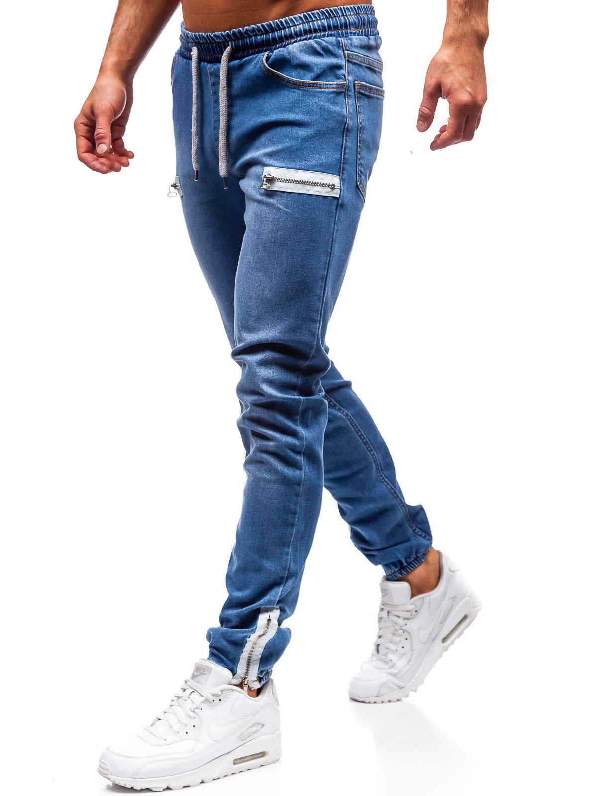 Men's Elastic Denim Pants Casual Frosted Zipper Drawstring Jeans Training Jogger Athletic Multi Pockets Ankle Tied Sweatpants_voghion.com