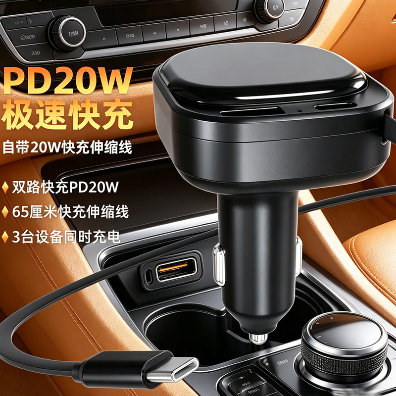 Manufacturer's Car Charger with Dual Ports, Super Fast Charging, Three-Port Cigarette Lighter, Usb-C Retractable Car Charger Manufacturer's Car Charger with Dual Ports, Super Fast Charging, Three-Port Cigarette Lighter, Usb-C Retractable Car Charger