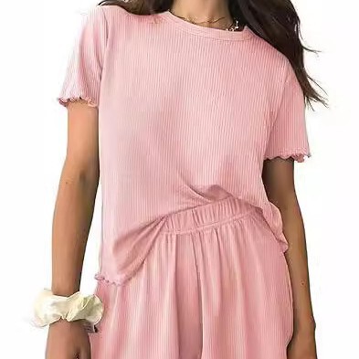 European and American Summer Women's Soft Pajamas Ribbed Knit Wave-Edge Short-Sleeved Home Casual Top and Shorts Set