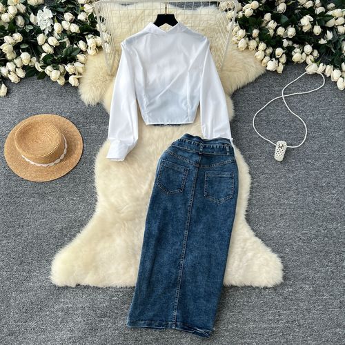Set: Korean Style Fashion Patchwork Pseudo Two-Piece Long-Sleeve Shirt for Women, Belted Denim Skirt, Two-Piece Set